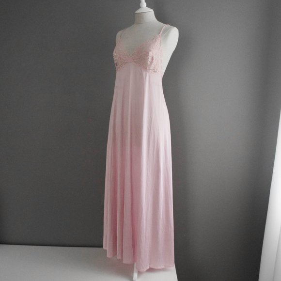Vintage Lily of France Long Satin & Lace Mauve Pink Slip Night Gown Size Large - Picture 9 of 15
